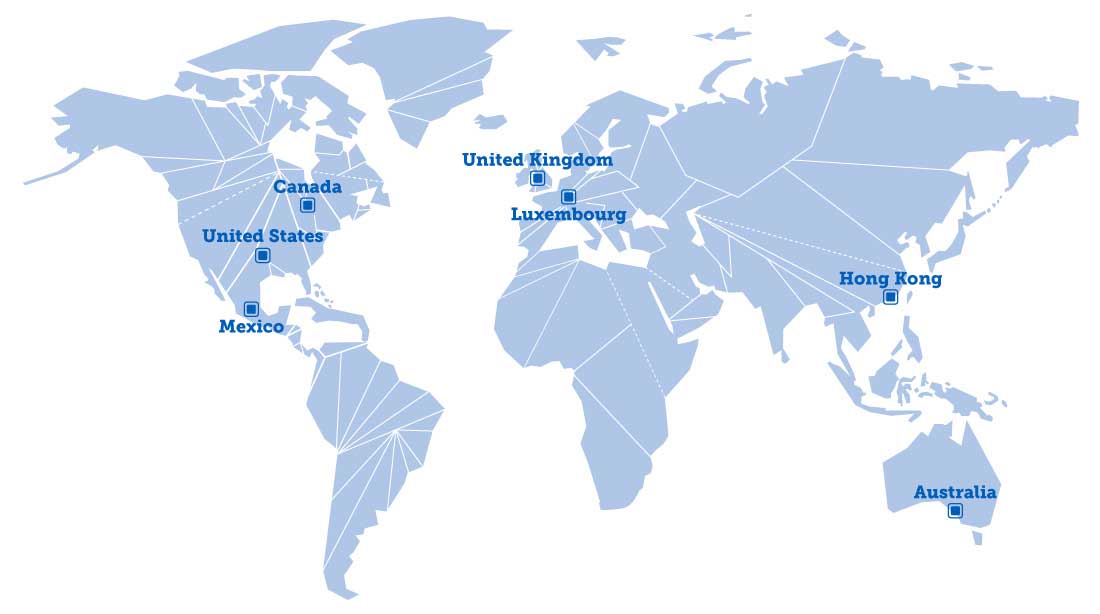 World wide offices and customer services, Canada, United States, Mexico, United Kingdom, Luxembourg, Hong Kong, and Australia (desktop image) World wide offices and customer services, Canada, United States, Mexico, United Kingdom, Luxembourg, Hong Kong, and Australia (desktop image)